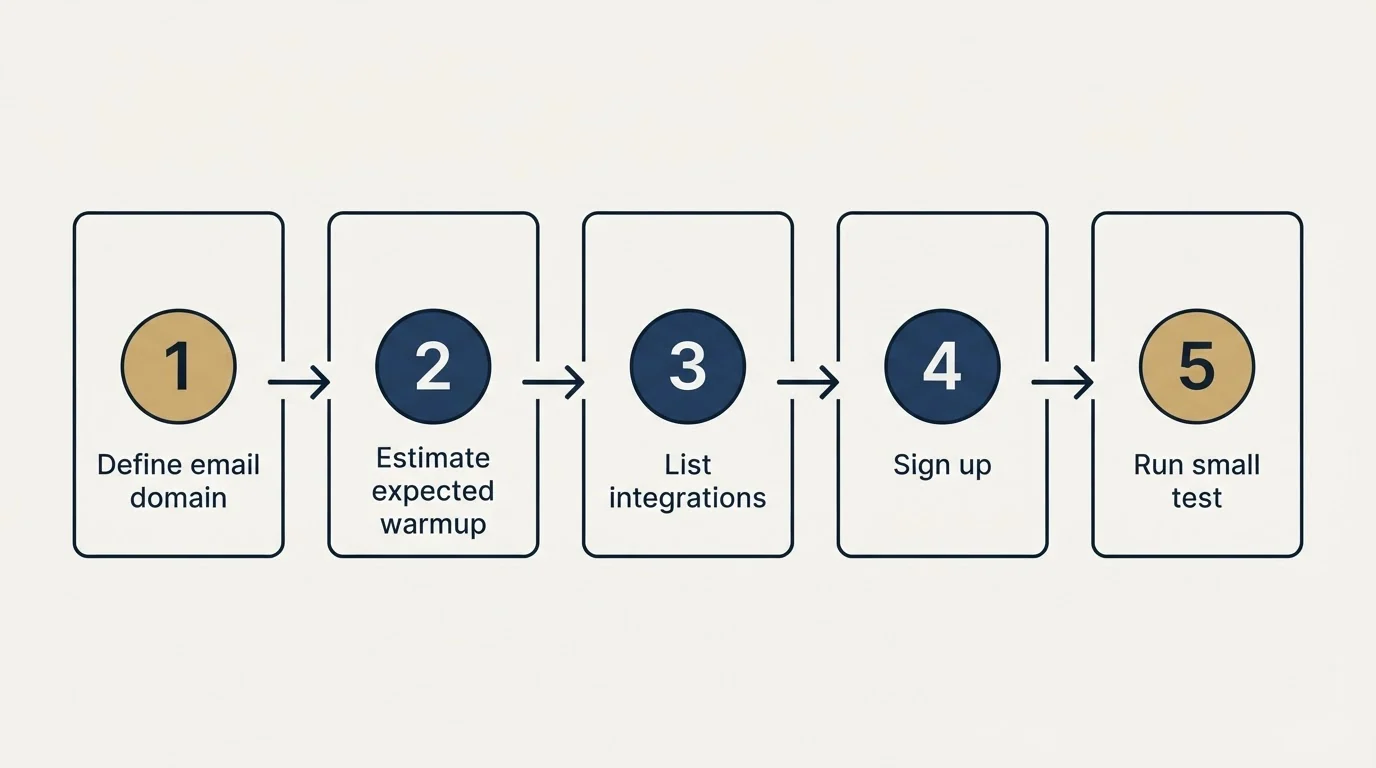 Step sequence: Getting Started Checklist (Define email domain, Estimate expected warmup, List integrations, Sign up)