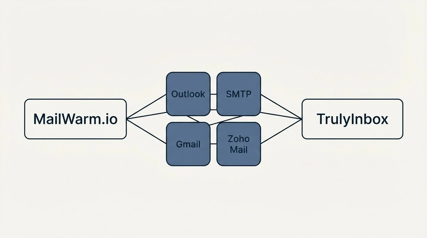 Integration schematic: Integration Ecosystem (MailWarm.io, TrulyInbox, Outlook, SMTP)