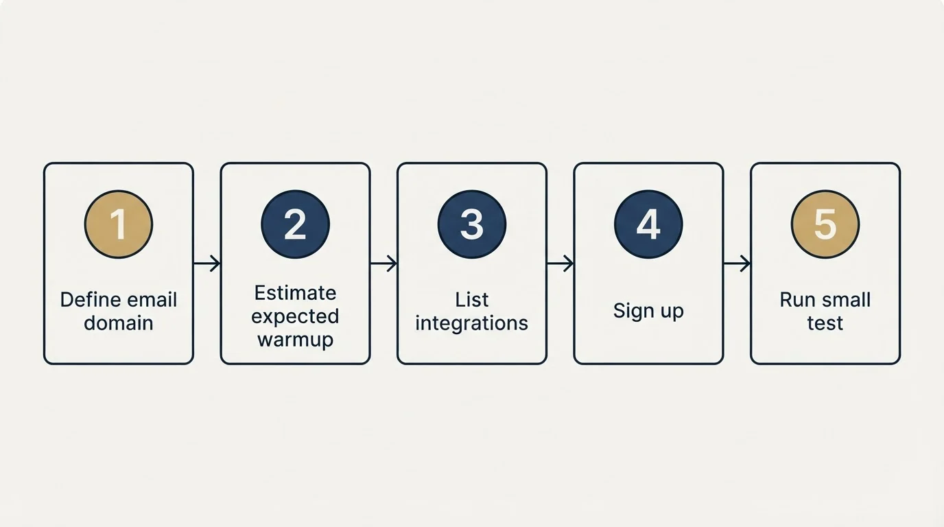 Step sequence: Getting Started Checklist (Define email domain, Estimate expected warmup, List integrations, Sign up)