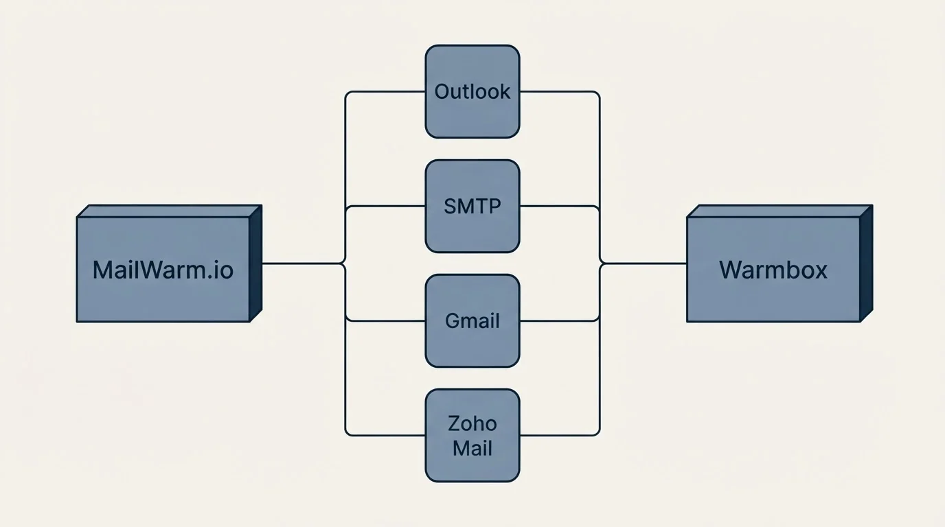 Integration flow: Integration Ecosystem (MailWarm.io, Warmbox, Outlook, SMTP)