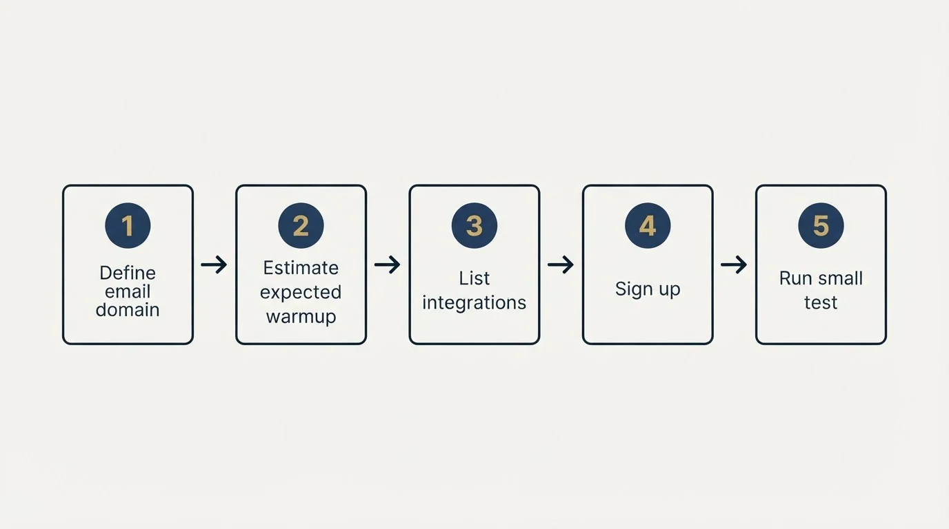 Step sequence: Getting Started Checklist (Define email domain, Estimate expected warmup, List integrations, Sign up)