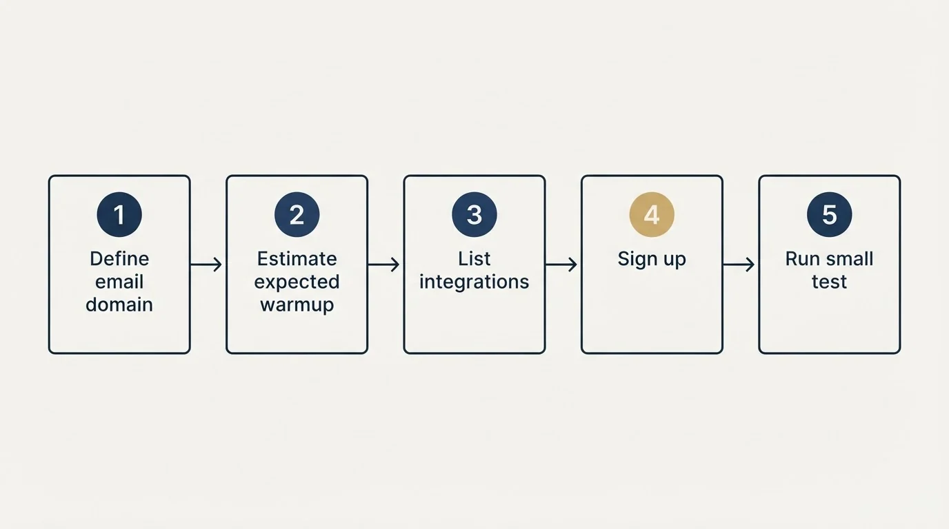 Step sequence: Getting Started Checklist (Define email domain, Estimate expected warmup, List integrations, Sign up)