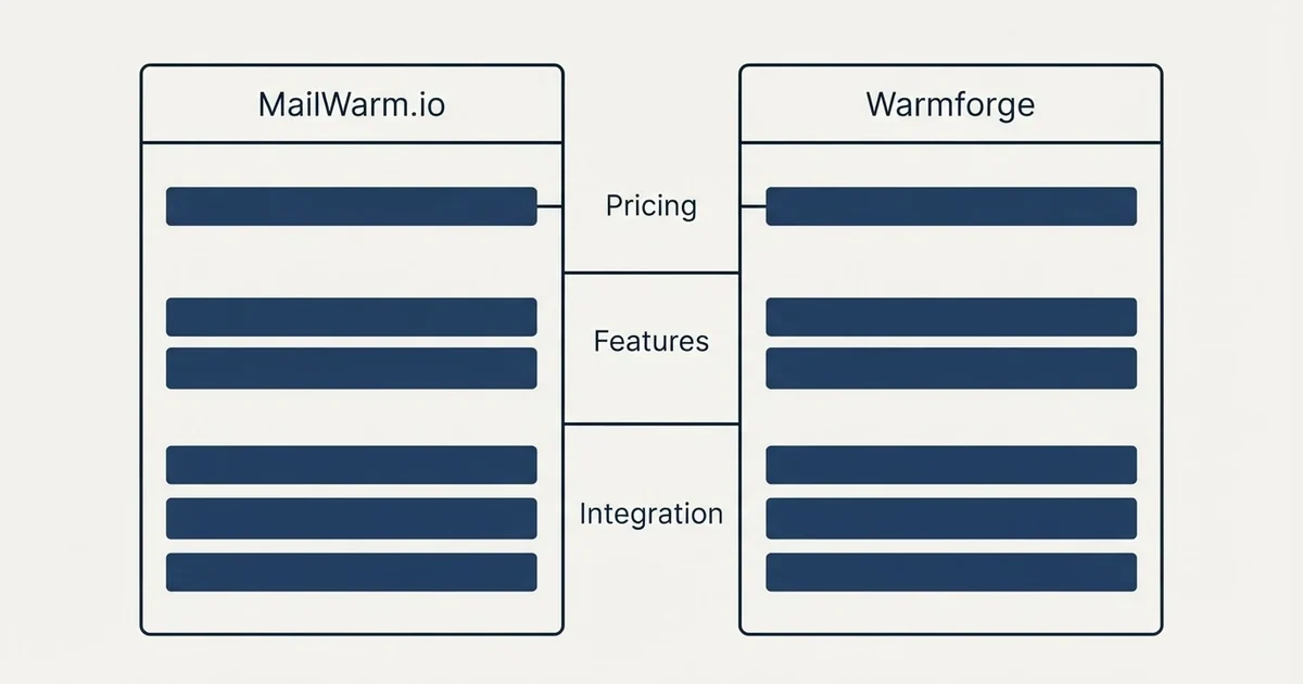 Comparison panel: MailWarm.io vs Warmforge (Pricing, Features, Integration)