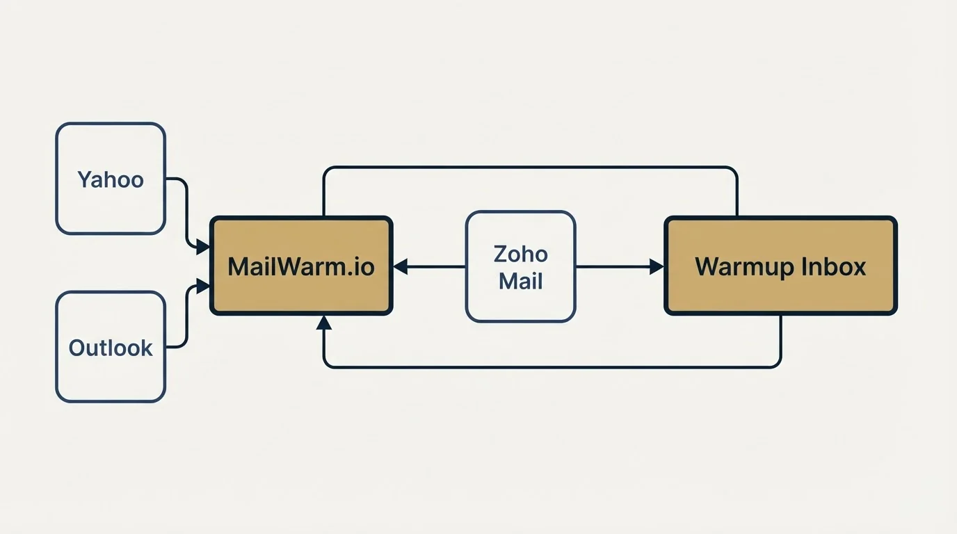 Integration schematic: Integration Ecosystem (MailWarm.io, Warmup Inbox, Zoho Mail, Yahoo)