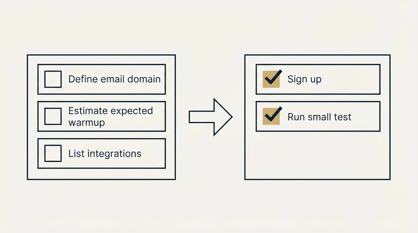 Before-and-after steps: Getting Started Checklist (Define email domain, Estimate expected warmup, List integrations, Sign up)