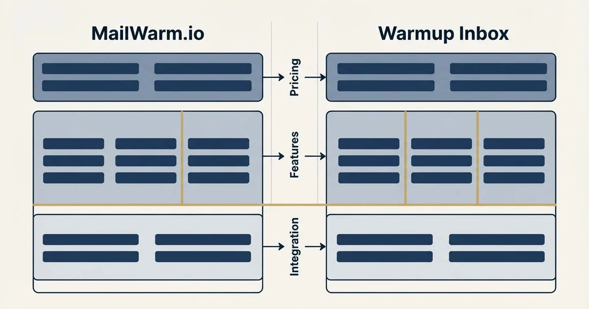 Comparison panel: MailWarm.io vs Warmup Inbox (Pricing, Features, Integration)