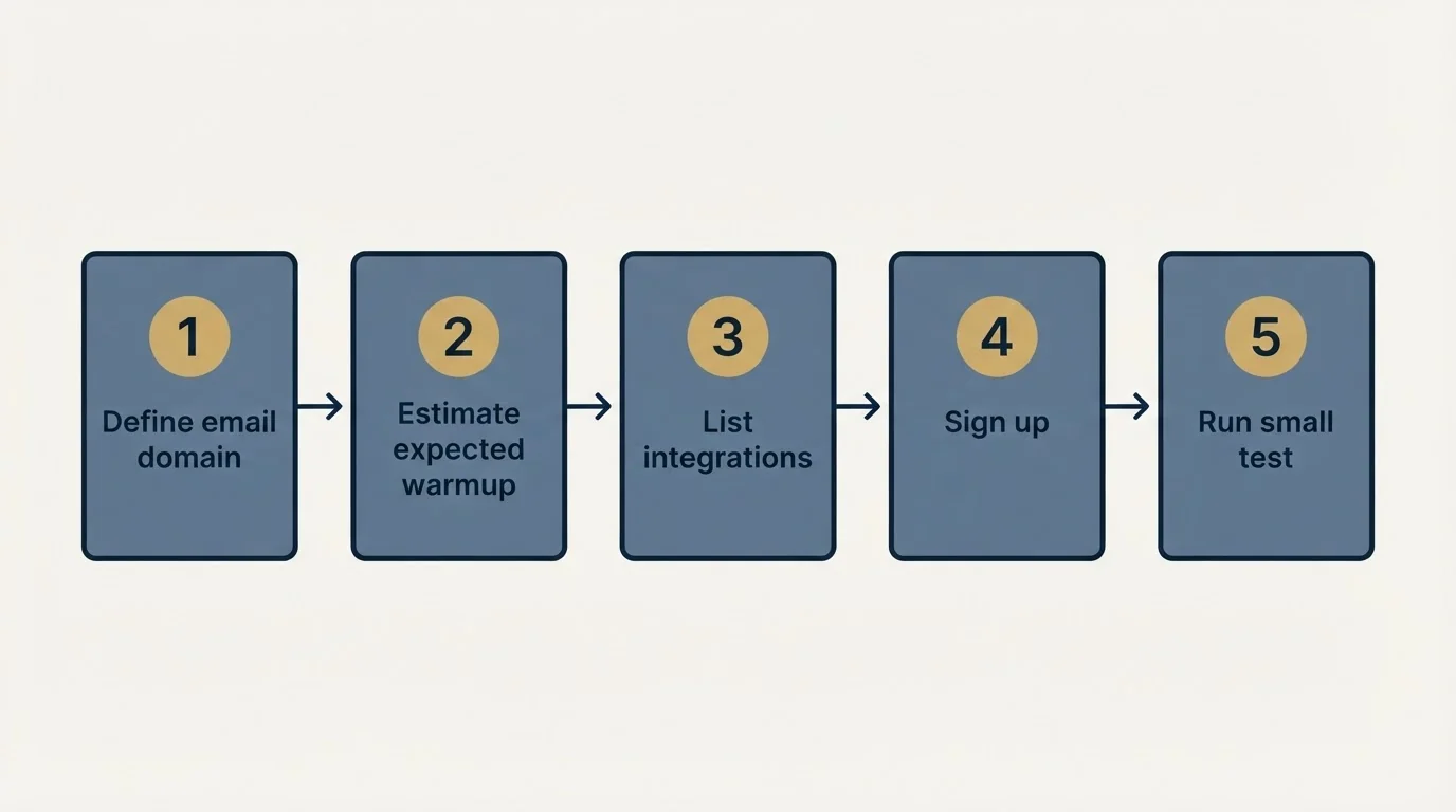 Step sequence: Getting Started Checklist (Define email domain, Estimate expected warmup, List integrations, Sign up)