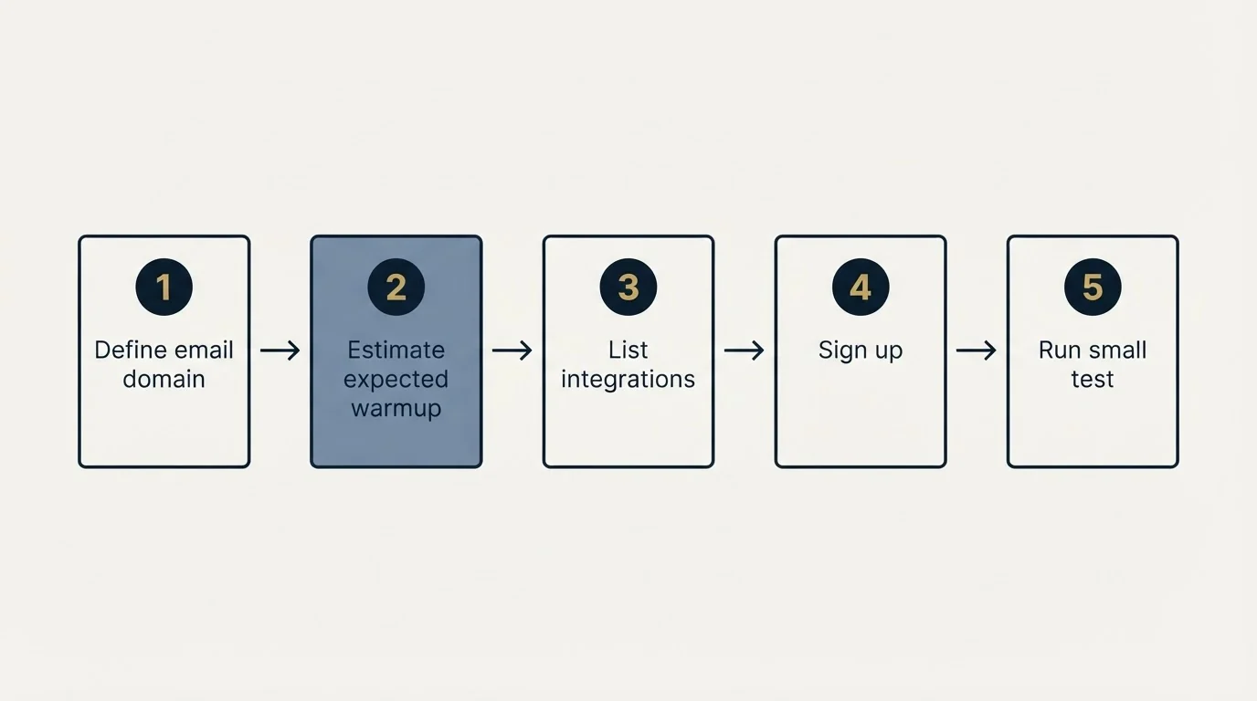 Step sequence: Getting Started Checklist (Define email domain, Estimate expected warmup, List integrations, Sign up)