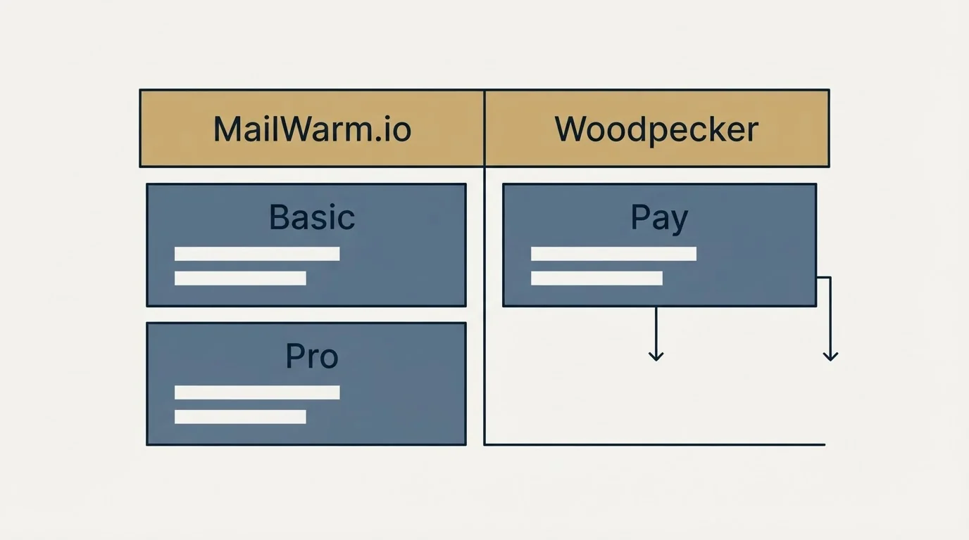 Pricing table: Pricing Comparison (MailWarm.io, Woodpecker, Basic, Pay)