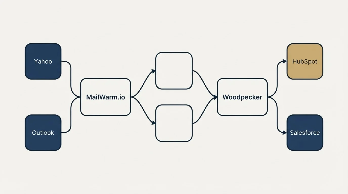 Integration schematic: Integration Ecosystem (MailWarm.io, Woodpecker, Yahoo, HubSpot)
