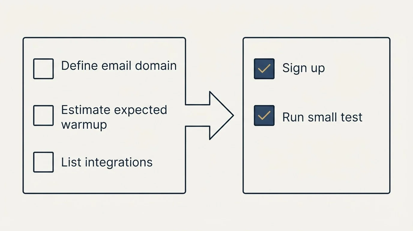 Before-and-after steps: Getting Started Checklist (Define email domain, Estimate expected warmup, List integrations, Sign up)
