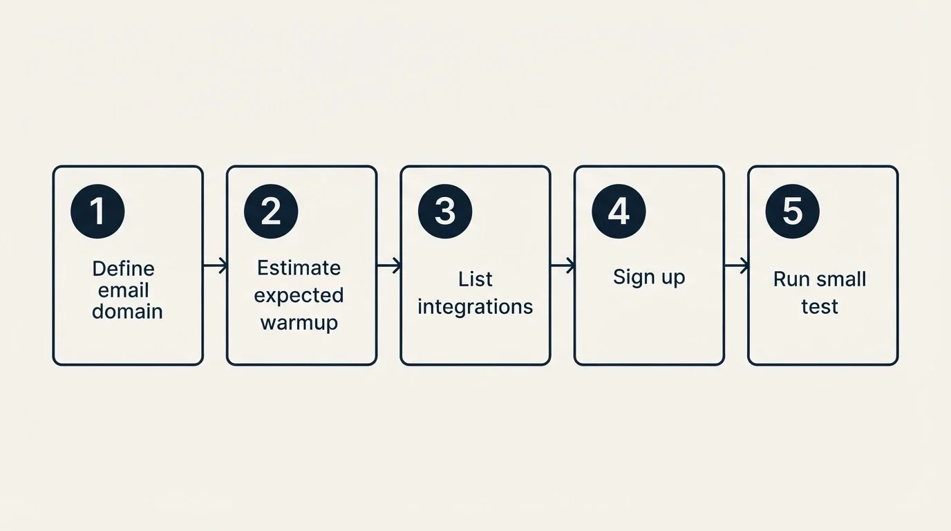 Step sequence: Getting Started Checklist (Define email domain, Estimate expected warmup, List integrations, Sign up)