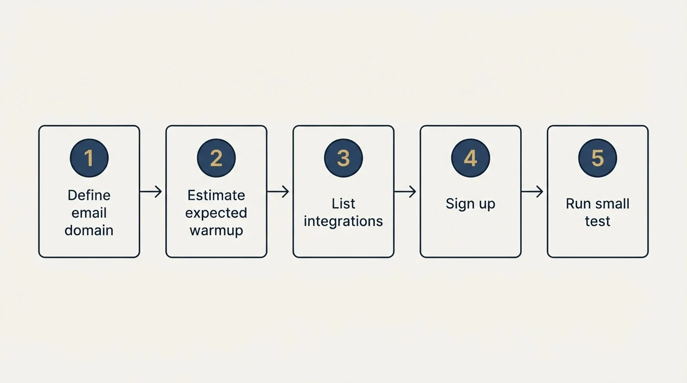 Step sequence: Getting Started Checklist (Define email domain, Estimate expected warmup, List integrations, Sign up)