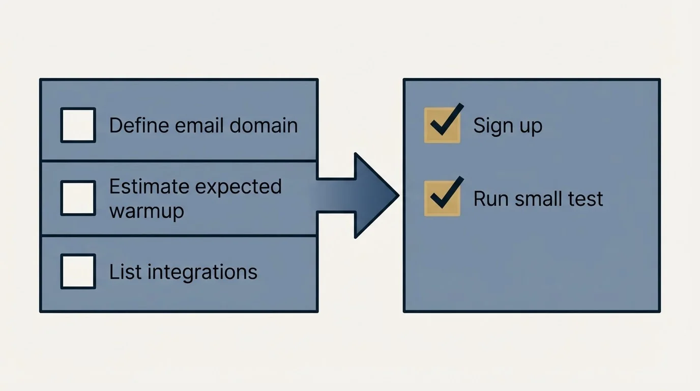 Before-and-after steps: Getting Started Checklist (Define email domain, Estimate expected warmup, List integrations, Sign up)