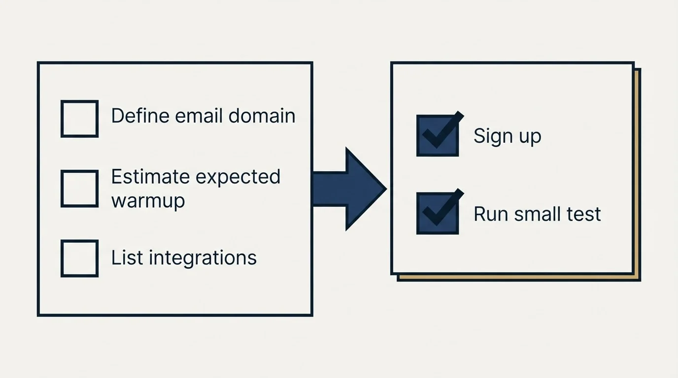 Before-and-after steps: Getting Started Checklist (Define email domain, Estimate expected warmup, List integrations, Sign up)