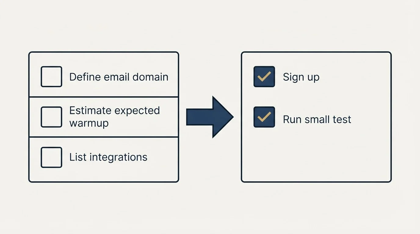 Before-and-after steps: Getting Started Checklist (Define email domain, Estimate expected warmup, List integrations, Sign up)