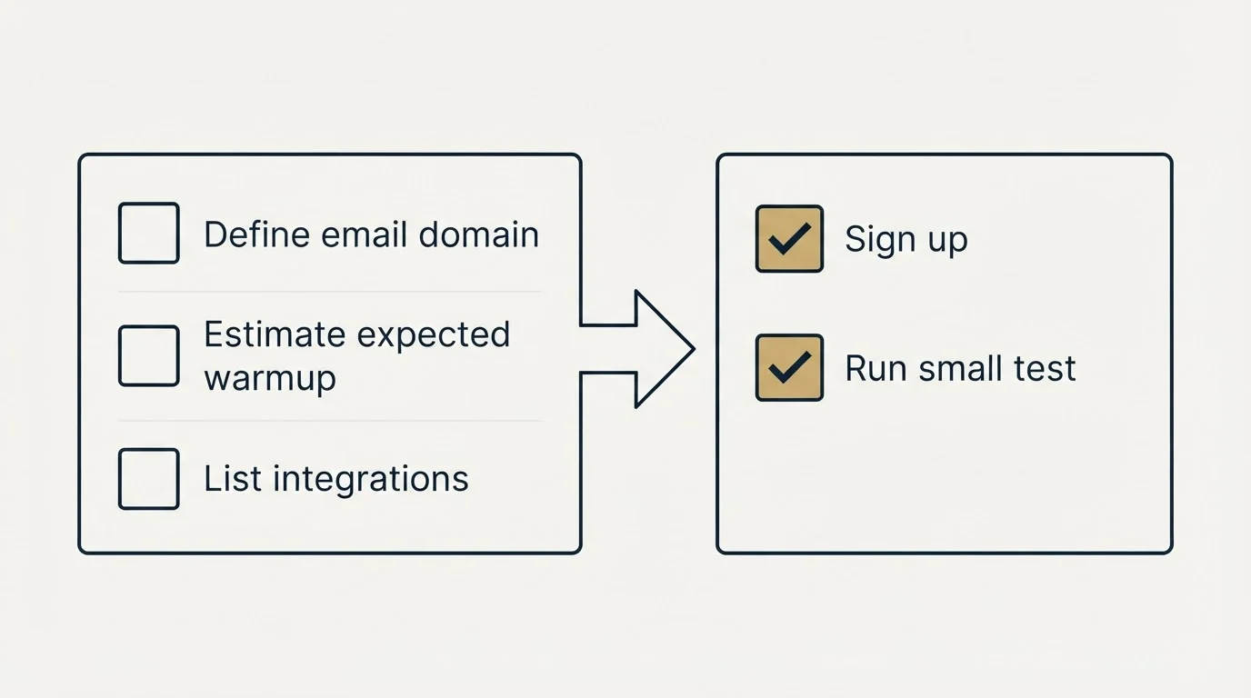 Before-and-after steps: Getting Started Checklist (Define email domain, Estimate expected warmup, List integrations, Sign up)
