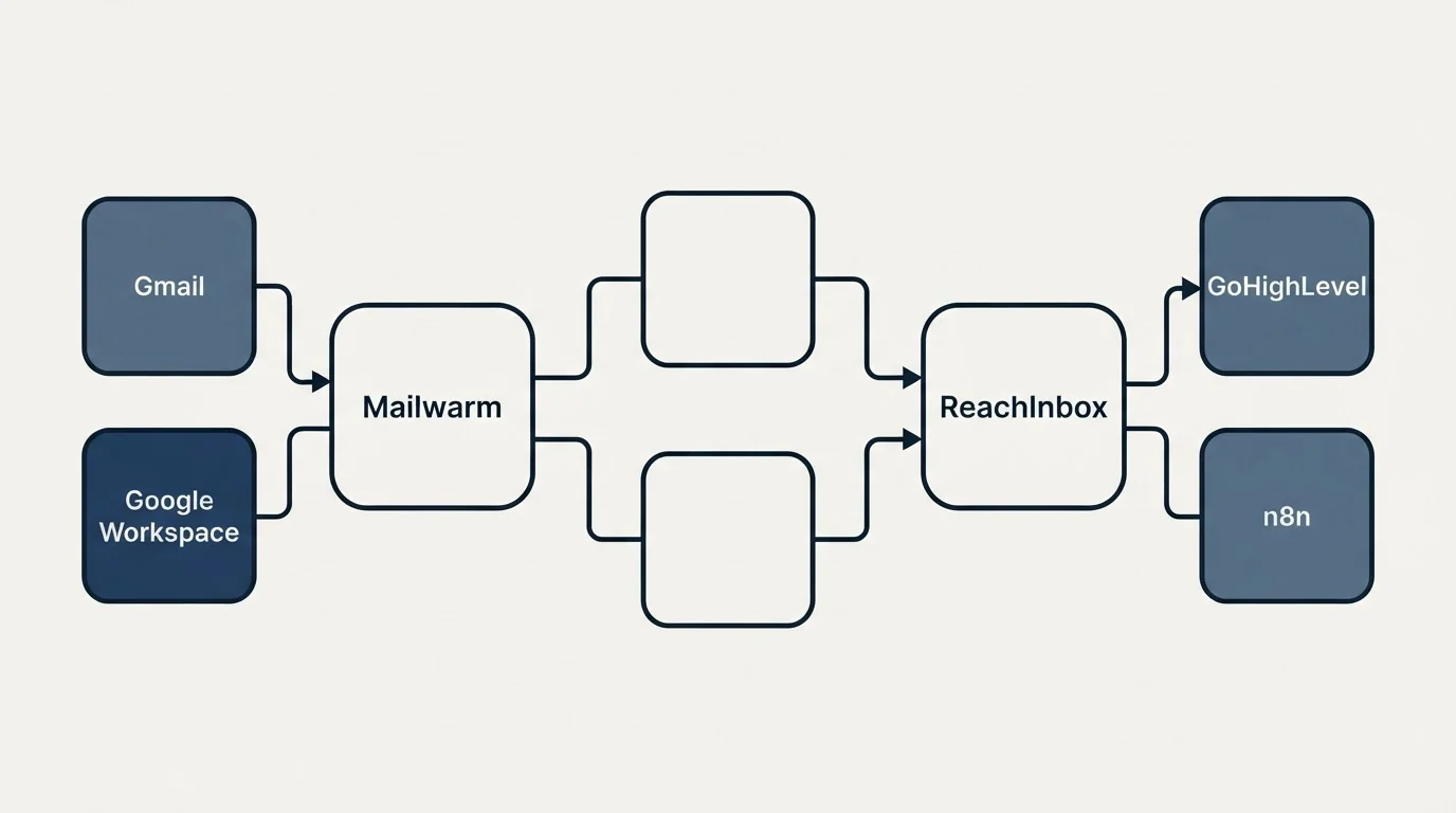 Integration schematic: Integration Ecosystem (Mailwarm, ReachInbox, Gmail, GoHighLevel)