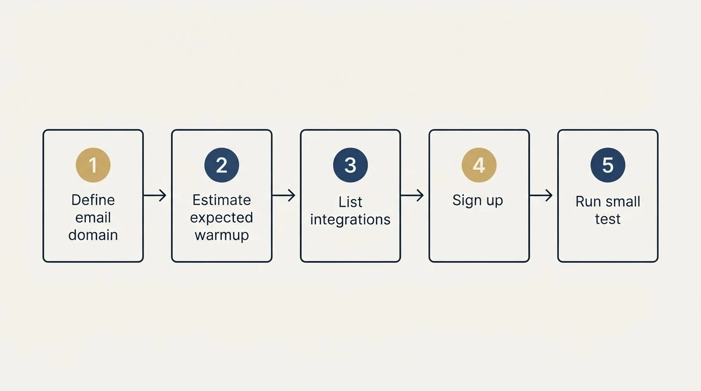 Step sequence: Getting Started Checklist (Define email domain, Estimate expected warmup, List integrations, Sign up)