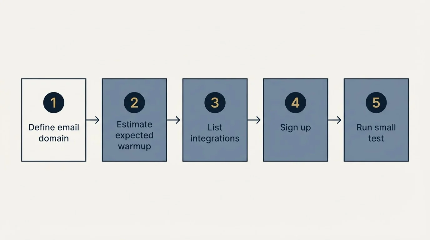 Step sequence: Getting Started Checklist (Define email domain, Estimate expected warmup, List integrations, Sign up)