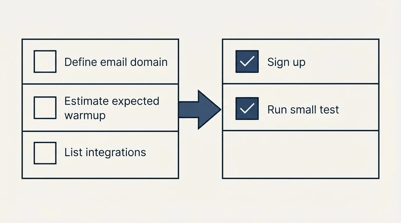 Before-and-after steps: Getting Started Checklist (Define email domain, Estimate expected warmup, List integrations, Sign up)
