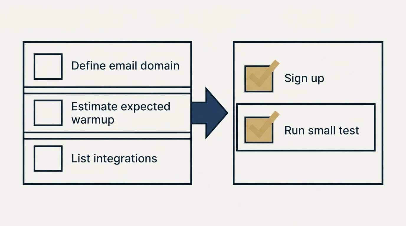 Before-and-after steps: Getting Started Checklist (Define email domain, Estimate expected warmup, List integrations, Sign up)