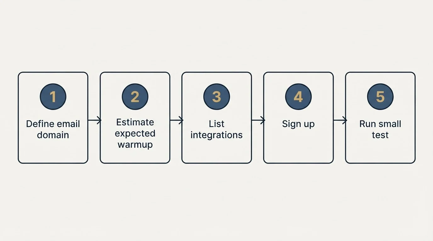 Step sequence: Getting Started Checklist (Define email domain, Estimate expected warmup, List integrations, Sign up)