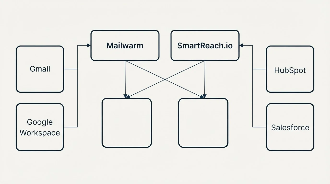 Integration grid: Integration Ecosystem (Mailwarm, SmartReach.io, Gmail, HubSpot)