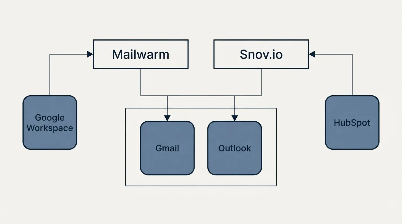 Integration grid: Integration Ecosystem (Mailwarm, Snov.io, Gmail, Outlook)