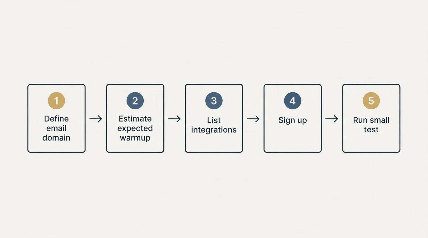 Step sequence: Getting Started Checklist (Define email domain, Estimate expected warmup, List integrations, Sign up)