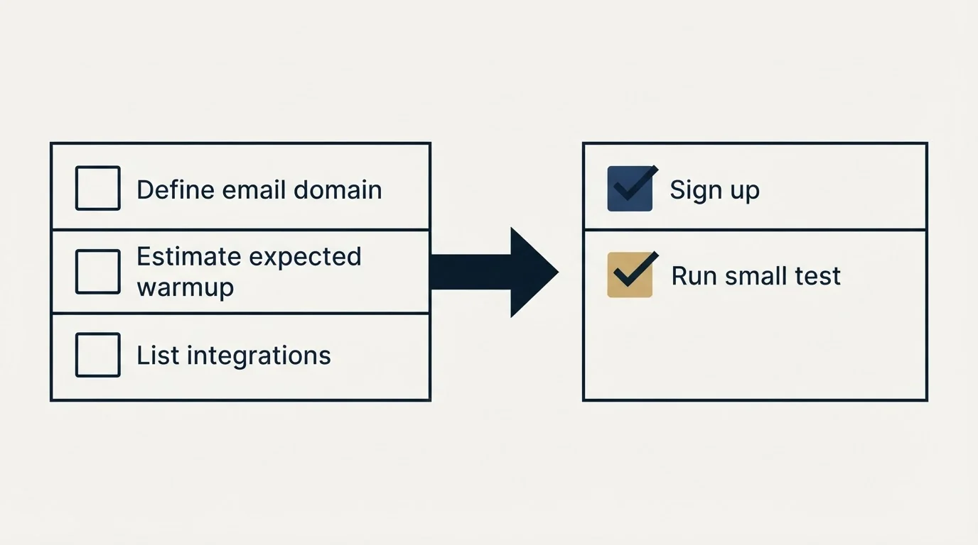 Before-and-after steps: Getting Started Checklist (Define email domain, Estimate expected warmup, List integrations, Sign up)