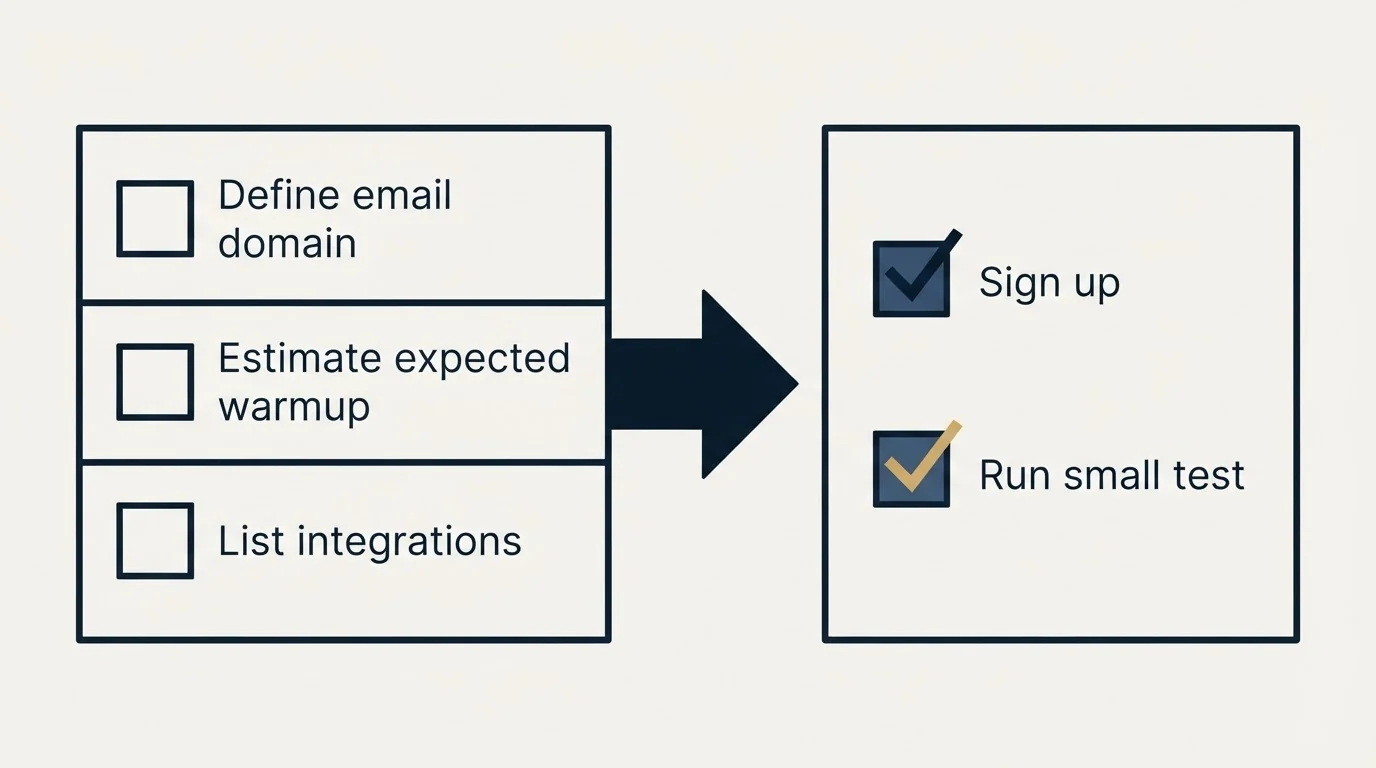 Before-and-after steps: Getting Started Checklist (Define email domain, Estimate expected warmup, List integrations, Sign up)