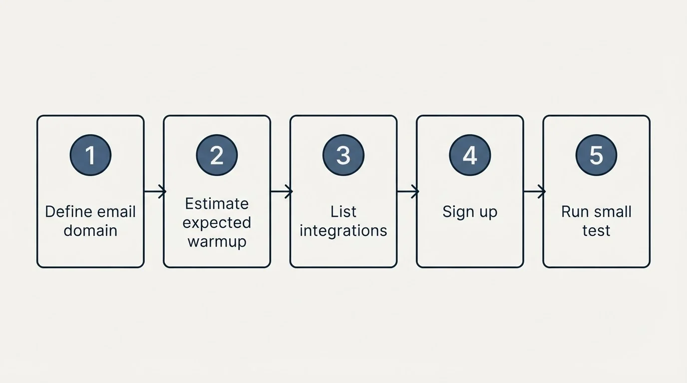 Step sequence: Getting Started Checklist (Define email domain, Estimate expected warmup, List integrations, Sign up)