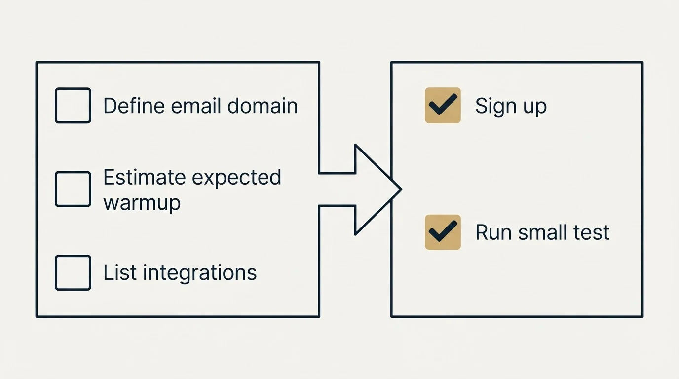 Before-and-after steps: Getting Started Checklist (Define email domain, Estimate expected warmup, List integrations, Sign up)