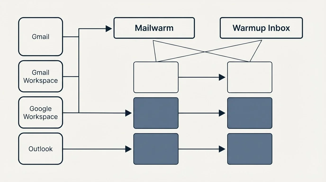Integration grid: Integration Ecosystem (Mailwarm, Warmup Inbox, Gmail, Gmail Workspace)