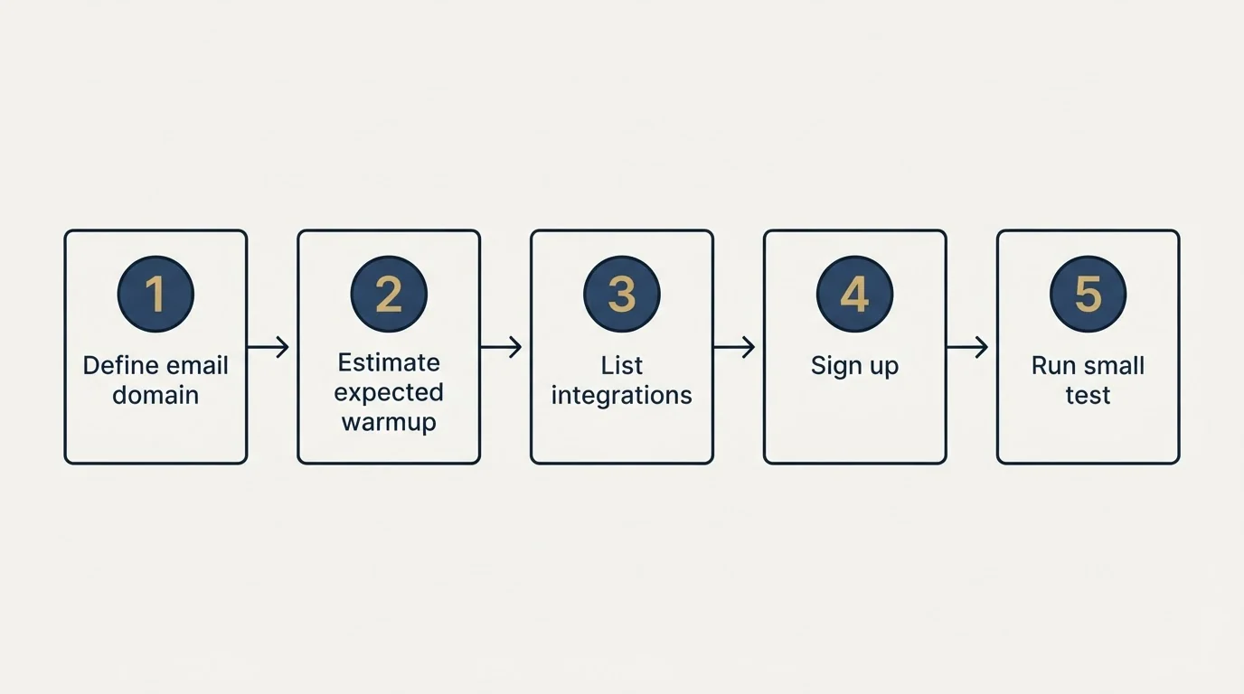 Step sequence: Getting Started Checklist (Define email domain, Estimate expected warmup, List integrations, Sign up)
