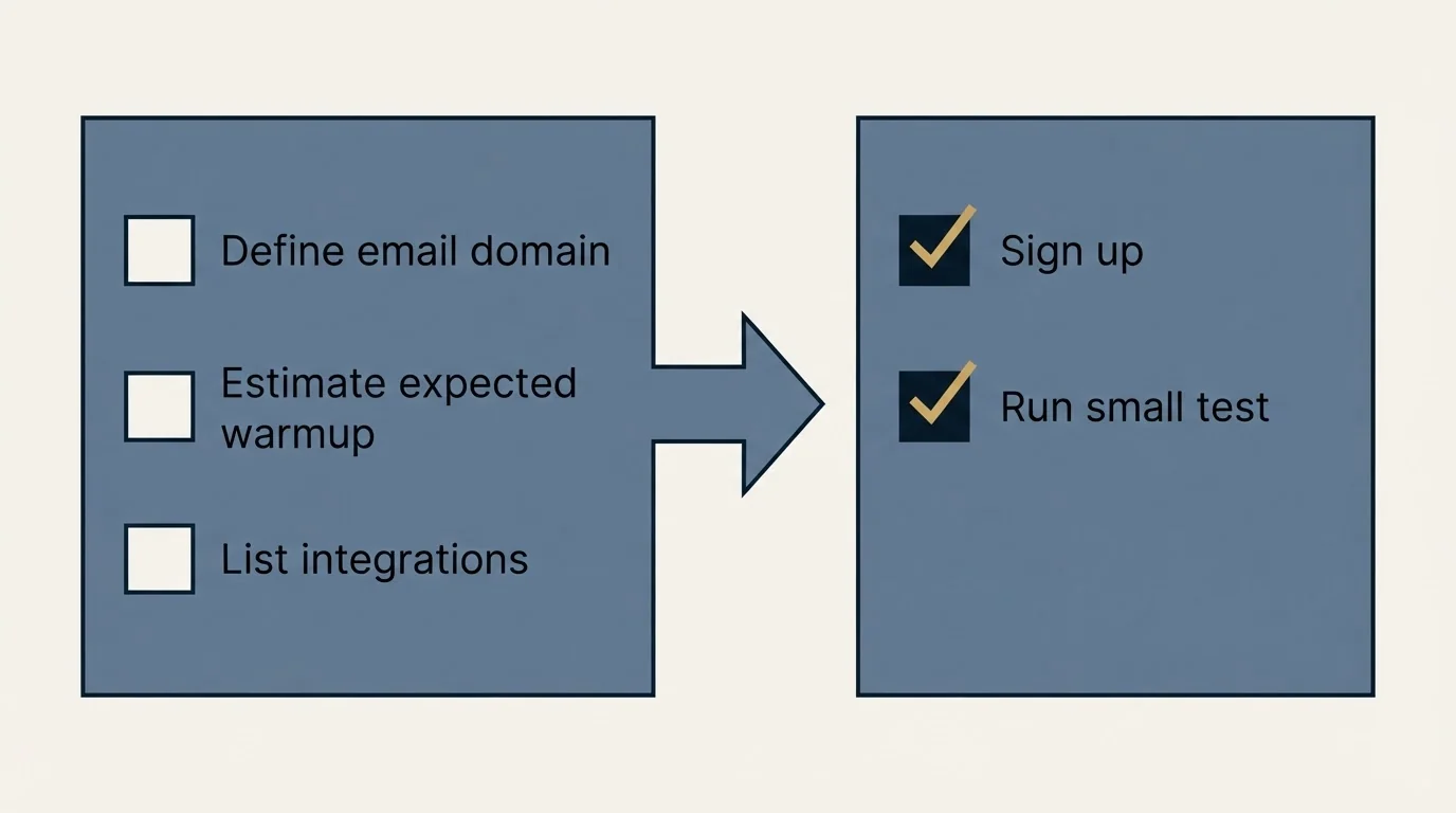 Before-and-after steps: Getting Started Checklist (Define email domain, Estimate expected warmup, List integrations, Sign up)