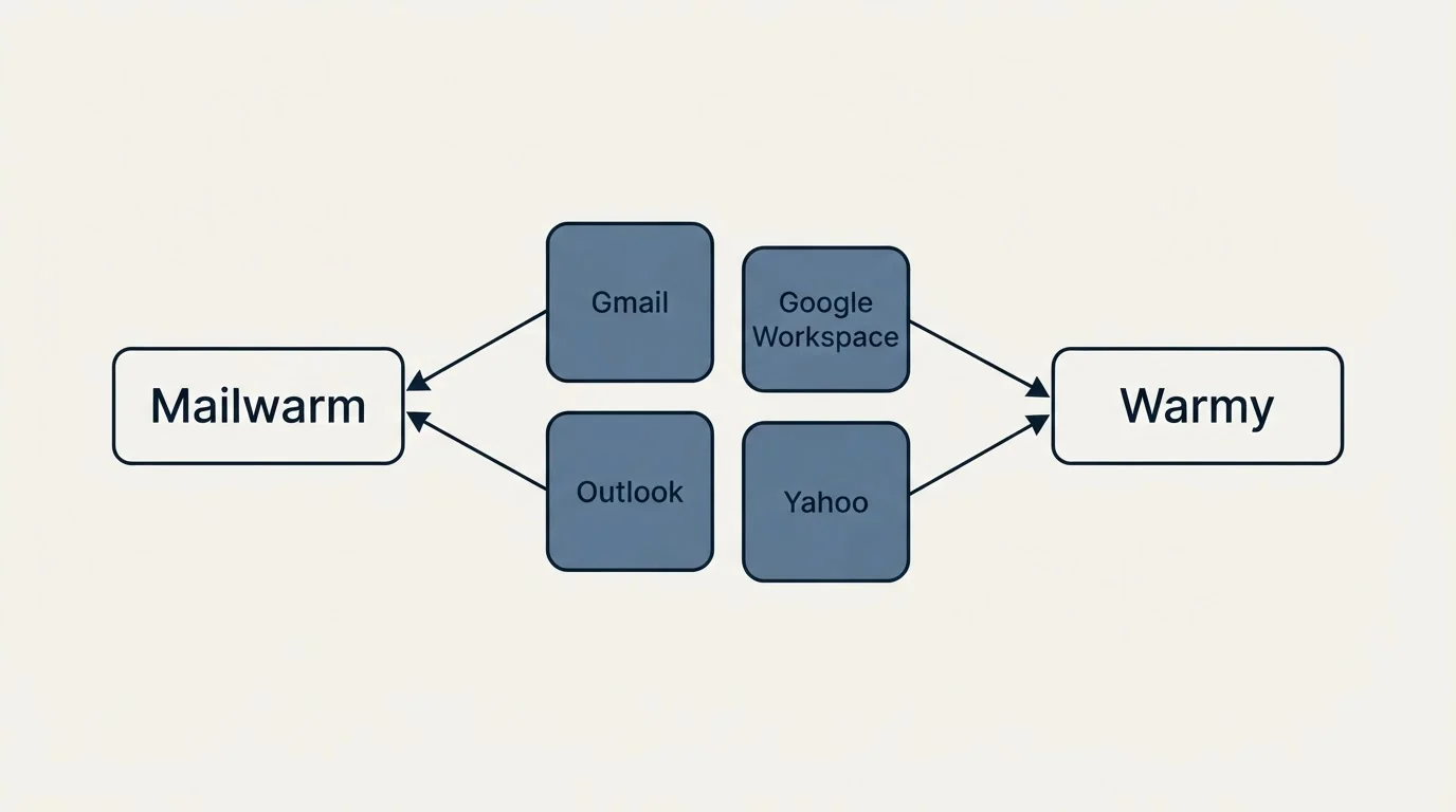 Integration schematic: Integration Ecosystem (Mailwarm, Warmy, Gmail, Google Workspace)