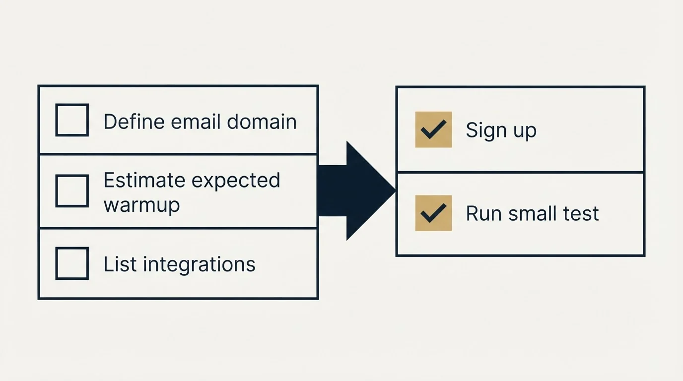 Before-and-after steps: Getting Started Checklist (Define email domain, Estimate expected warmup, List integrations, Sign up)