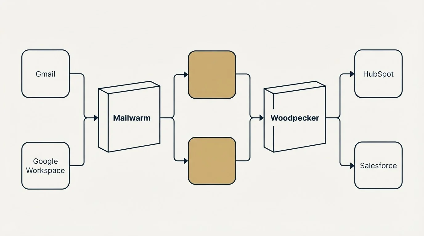 Integration flow: Integration Ecosystem (Mailwarm, Woodpecker, Gmail, HubSpot)