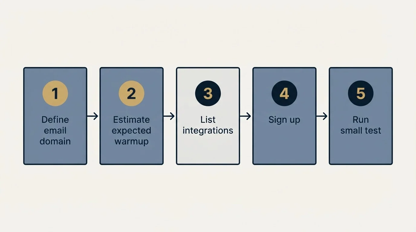 Step sequence: Getting Started Checklist (Define email domain, Estimate expected warmup, List integrations, Sign up)