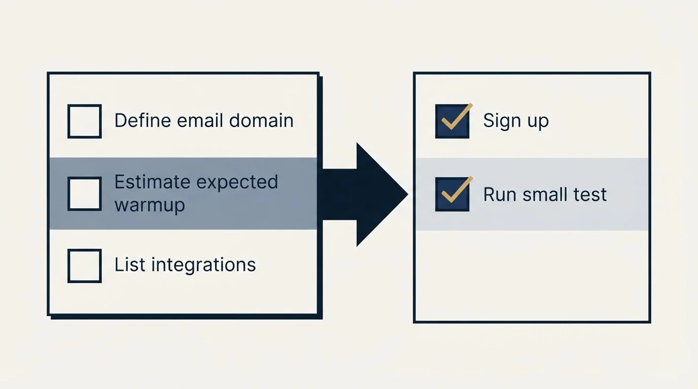Before-and-after steps: Getting Started Checklist (Define email domain, Estimate expected warmup, List integrations, Sign up)
