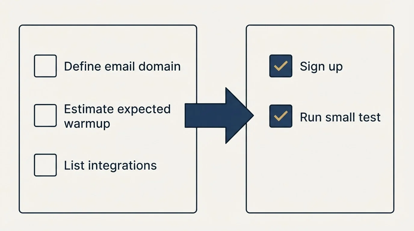 Before-and-after steps: Getting Started Checklist (Define email domain, Estimate expected warmup, List integrations, Sign up)