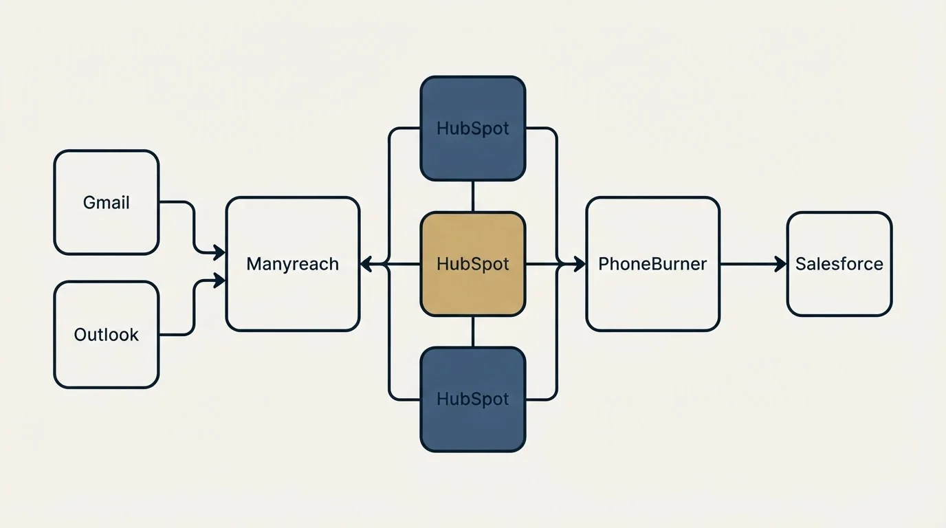 Integration flow: Integration Ecosystem (Manyreach, PhoneBurner, HubSpot, Gmail)
