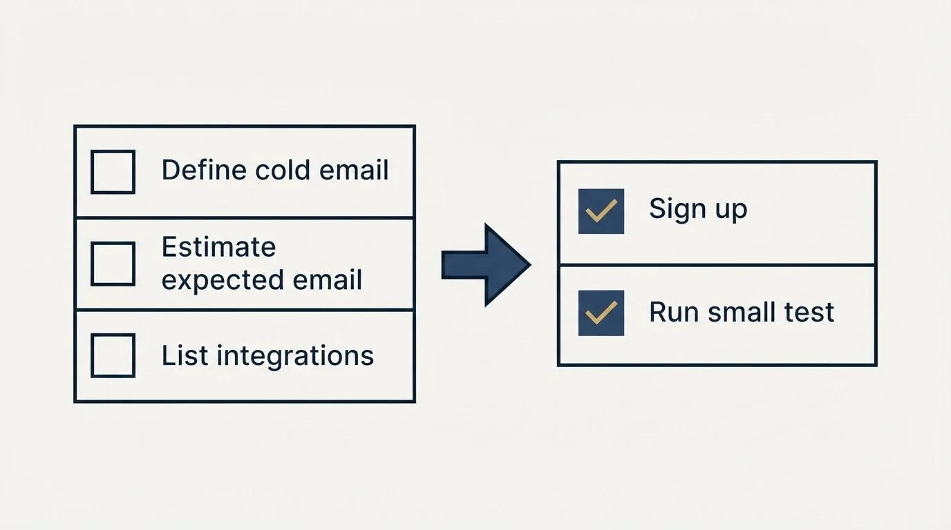 Before-and-after steps: Getting Started Checklist (Define cold email, Estimate expected email, List integrations, Sign up)