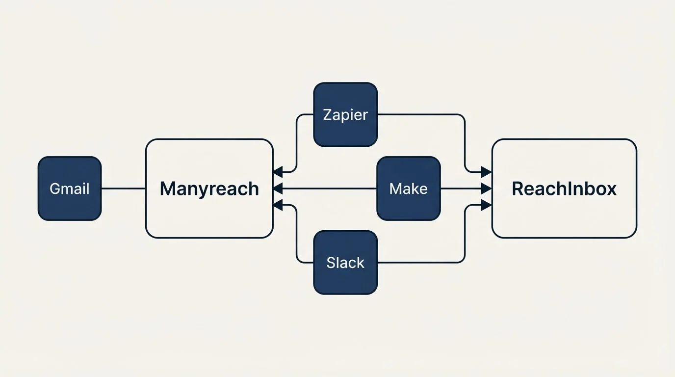 Integration schematic: Integration Ecosystem (Manyreach, ReachInbox, Zapier, Make)