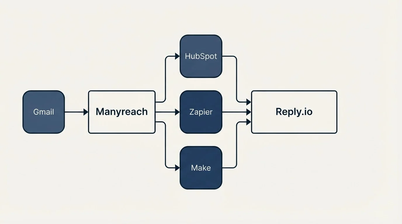 Integration schematic: Integration Ecosystem (Manyreach, Reply.io, HubSpot, Zapier)