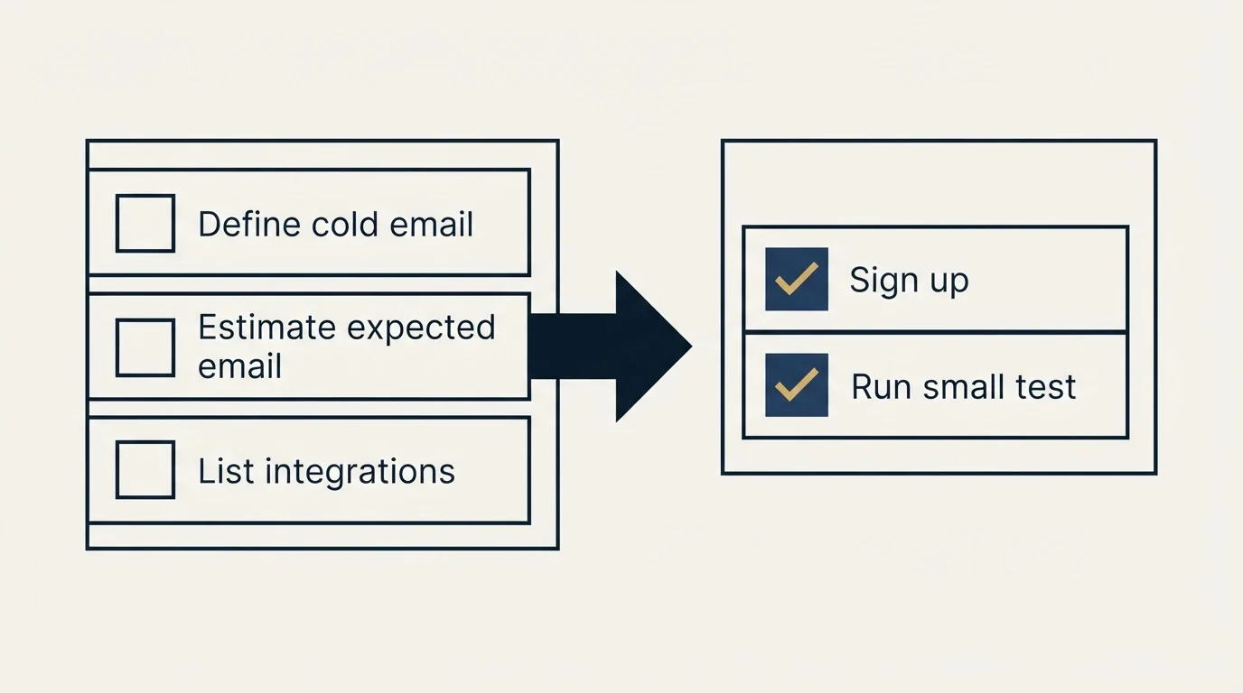 Before-and-after steps: Getting Started Checklist (Define cold email, Estimate expected email, List integrations, Sign up)