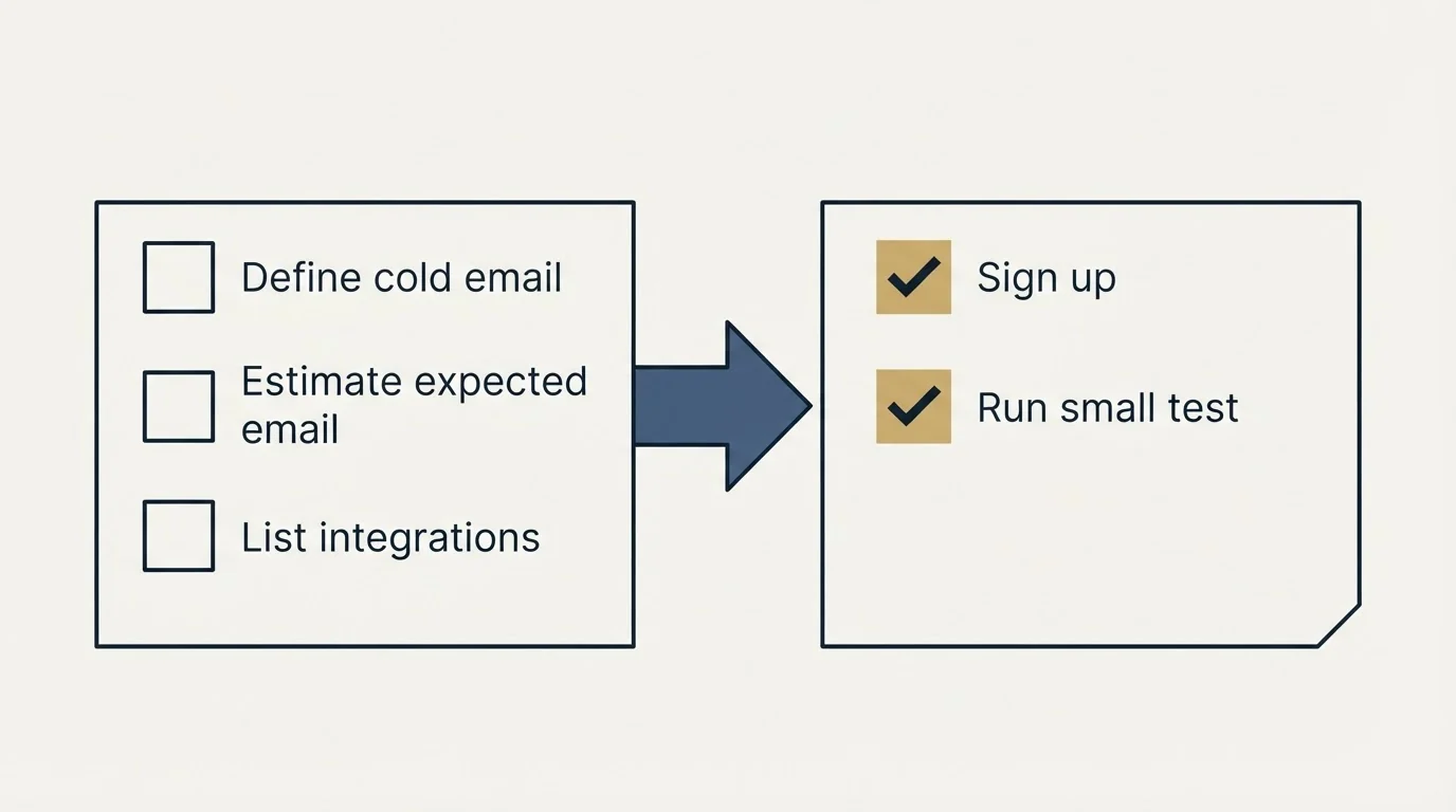 Before-and-after steps: Getting Started Checklist (Define cold email, Estimate expected email, List integrations, Sign up)
