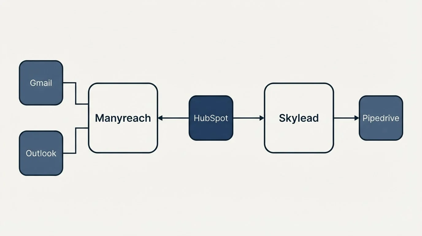 Integration schematic: Integration Ecosystem (Manyreach, Skylead, HubSpot, Gmail)